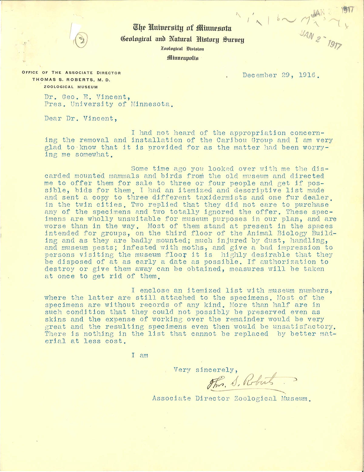 Roberts letter to President Vincent - December 29, 1916