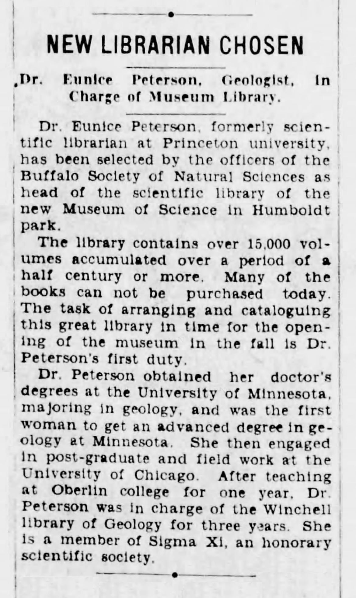 Buffalo Evening News article on Peterson's appointment to Buffalo Science Museum - May14, 1928