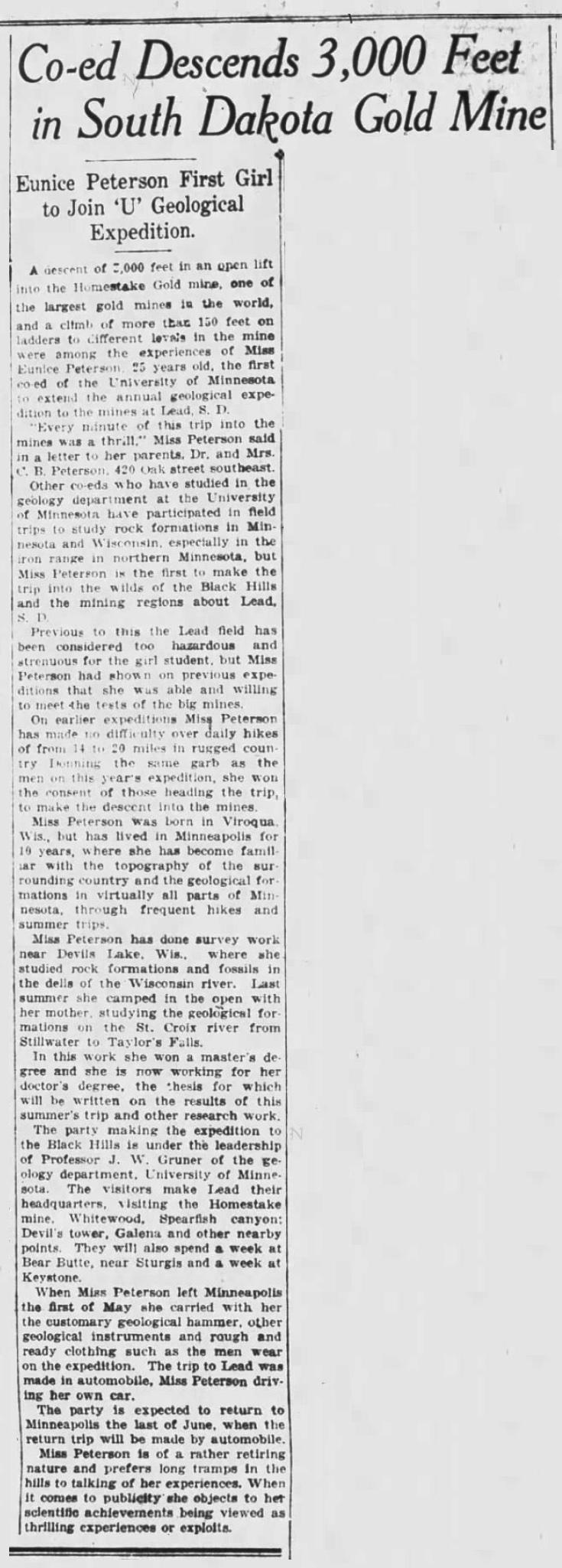 Minneapolis Morning Tribune report of Peterson on Black Hills Field Trip - May 17, 1925
