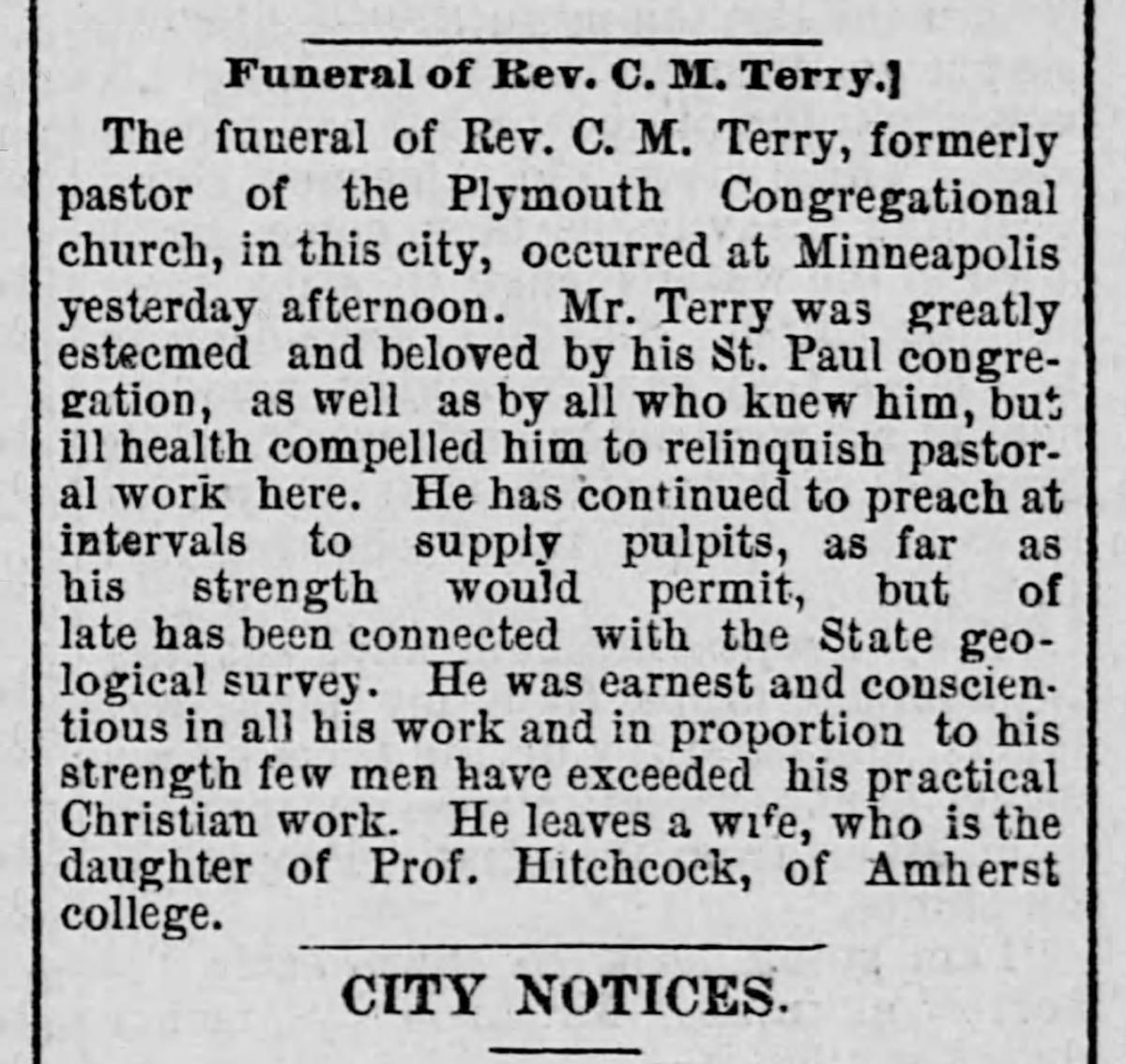 St. Paul Daily Globe report of Terry's death August 21, 1881