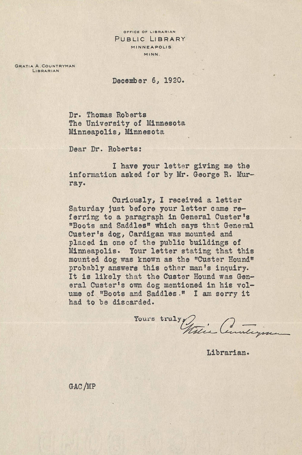 Countryman's December 6, 1920 letter to Roberts