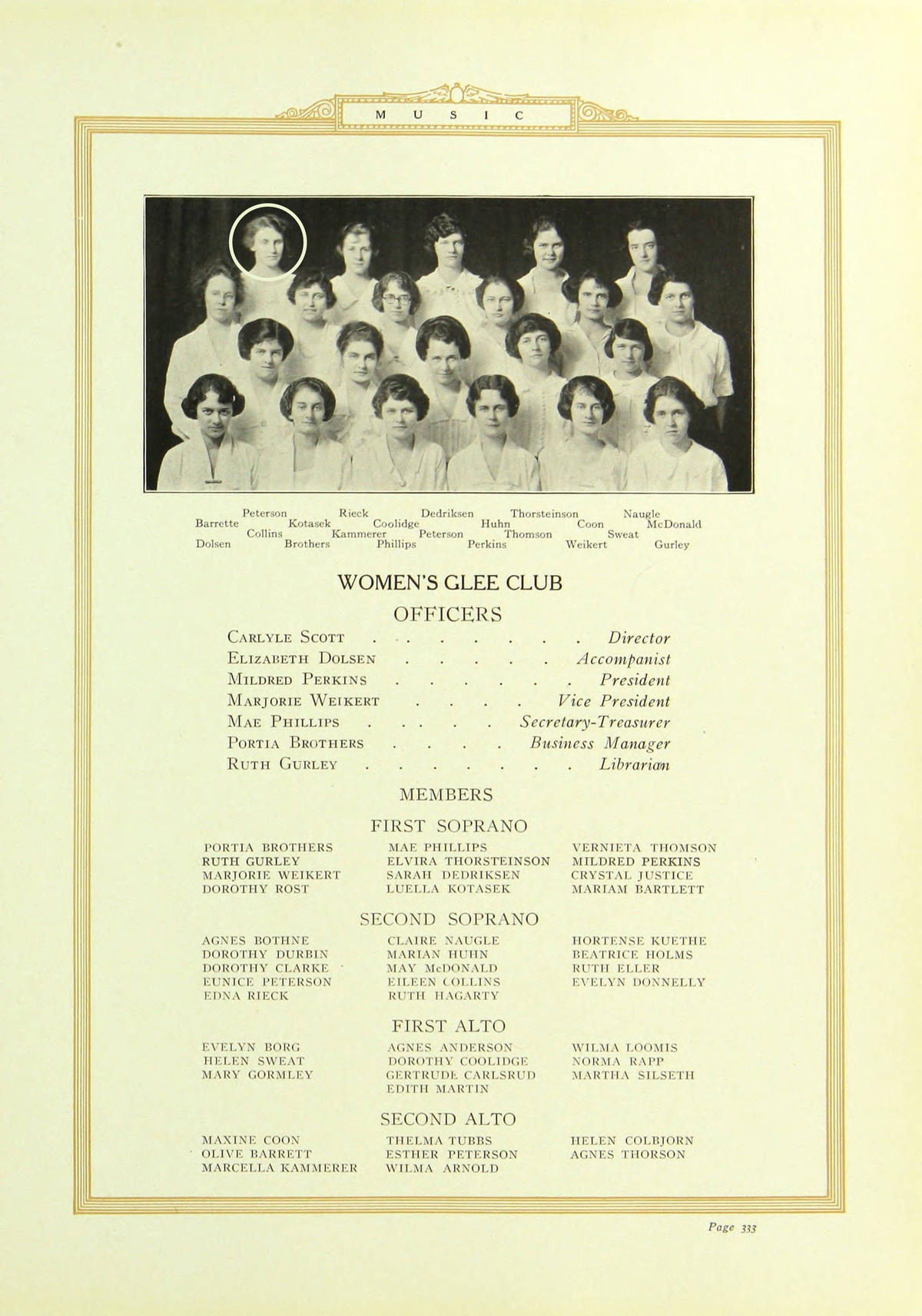 Eunice Peterson in 1923 Glee Club photograph