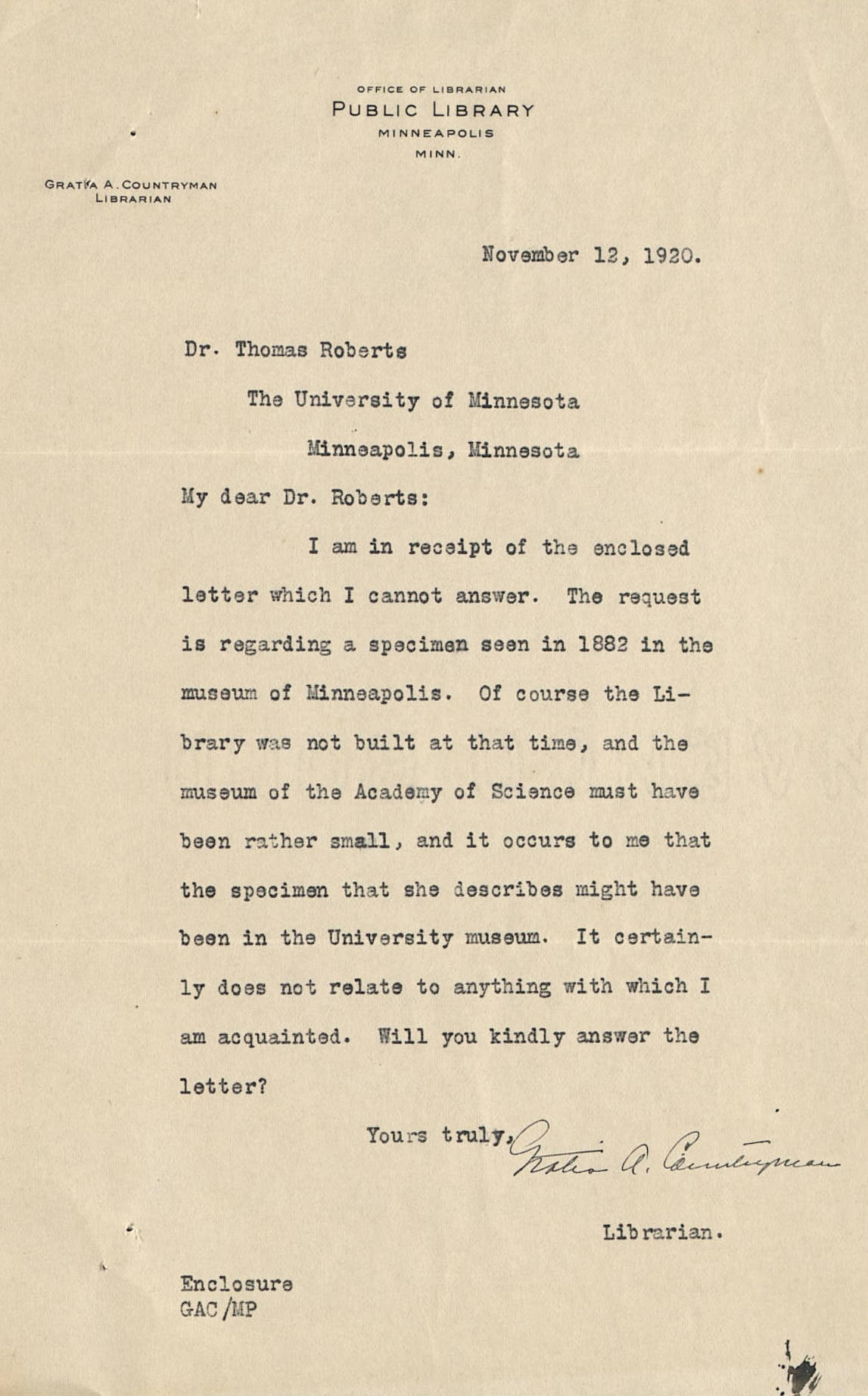 Countryman note to Roberts November 12, 1920