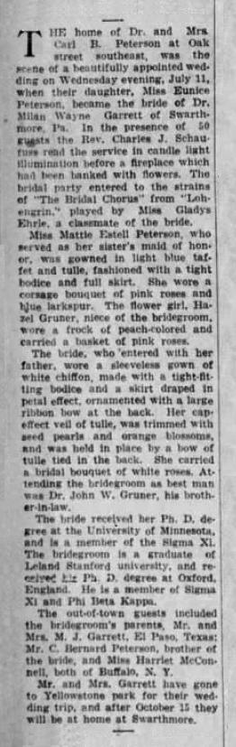 Peterson-Garrett wedding description in the Minneapolis Tribune - July 22, 1928