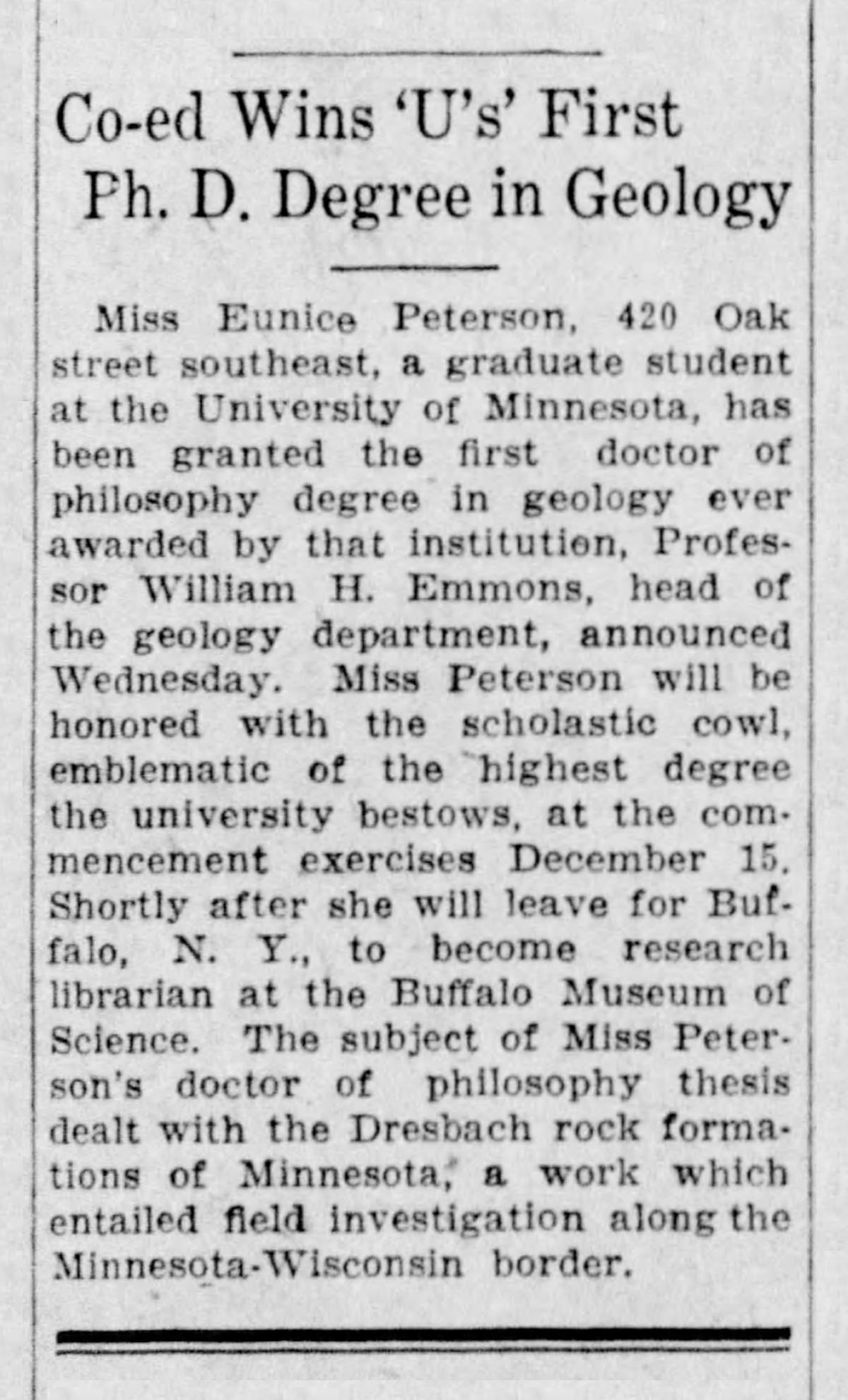 Minneapolis Star report of Peterson Ph.D. Graduation - July 7, 1928 
