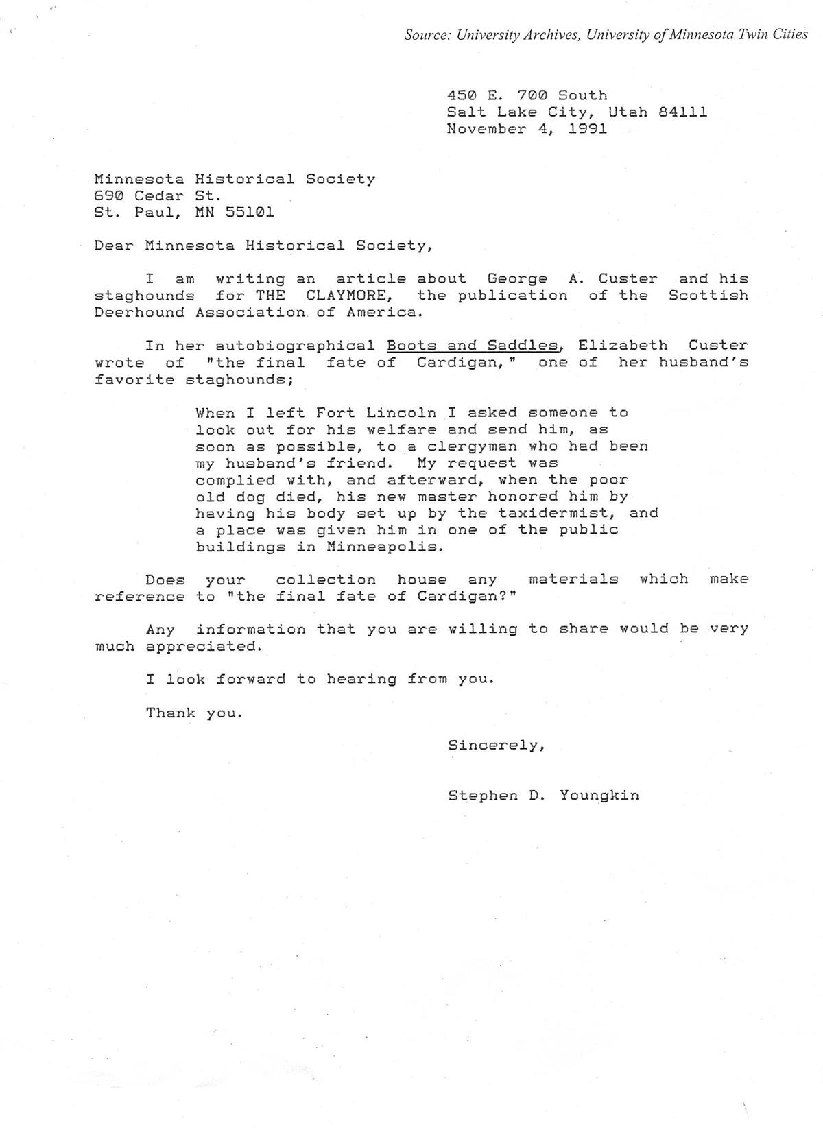 Youngkin's letter to Minnesota Historical Society - November 4, 1991