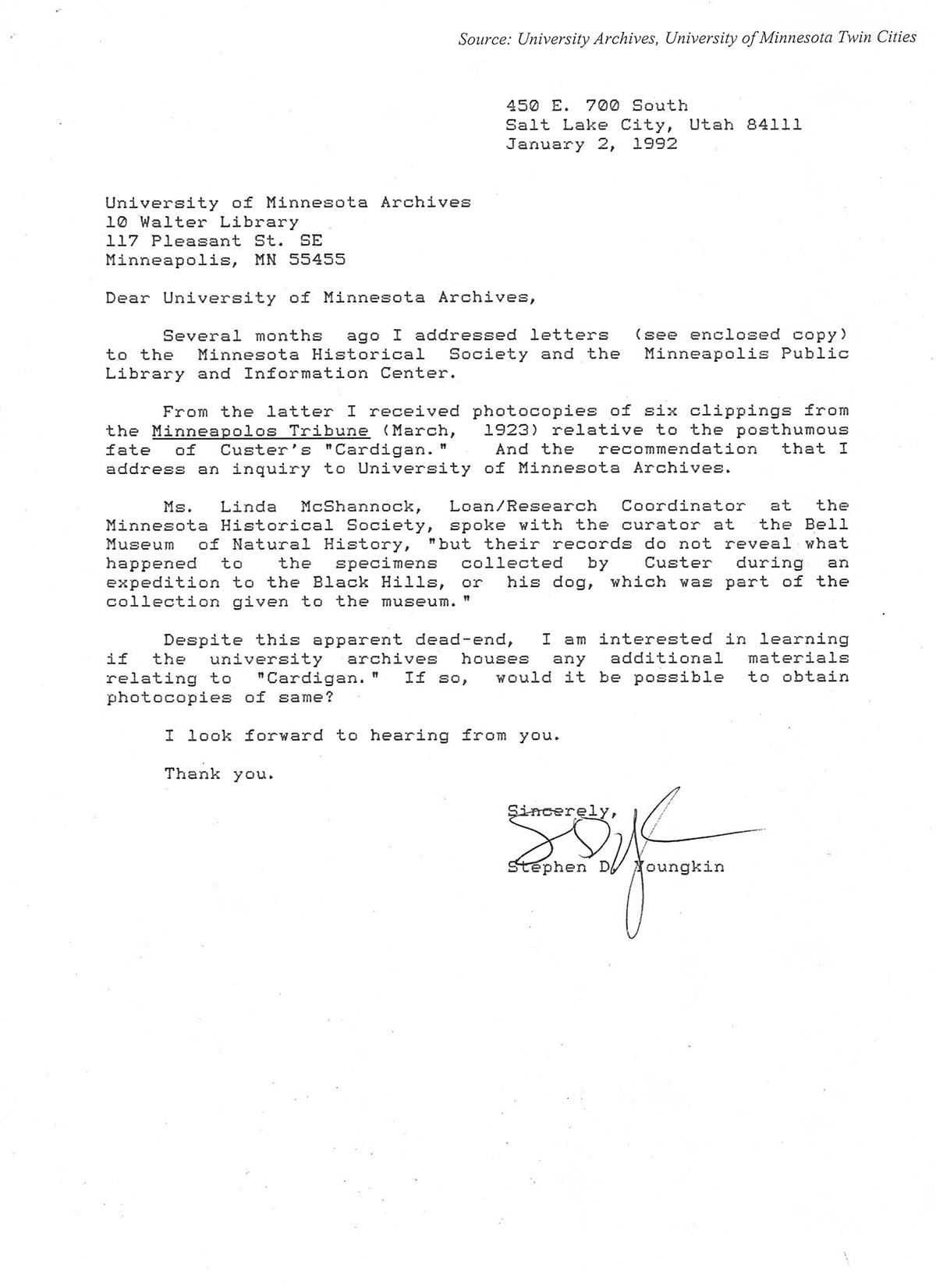 Youngkin's letter to Kroesch at University Archives - January 2, 1992