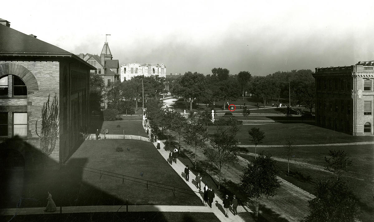 1905 photograph of University of Minnesota campus with 1878 Memorial Boulder and ruins of Old Main in background