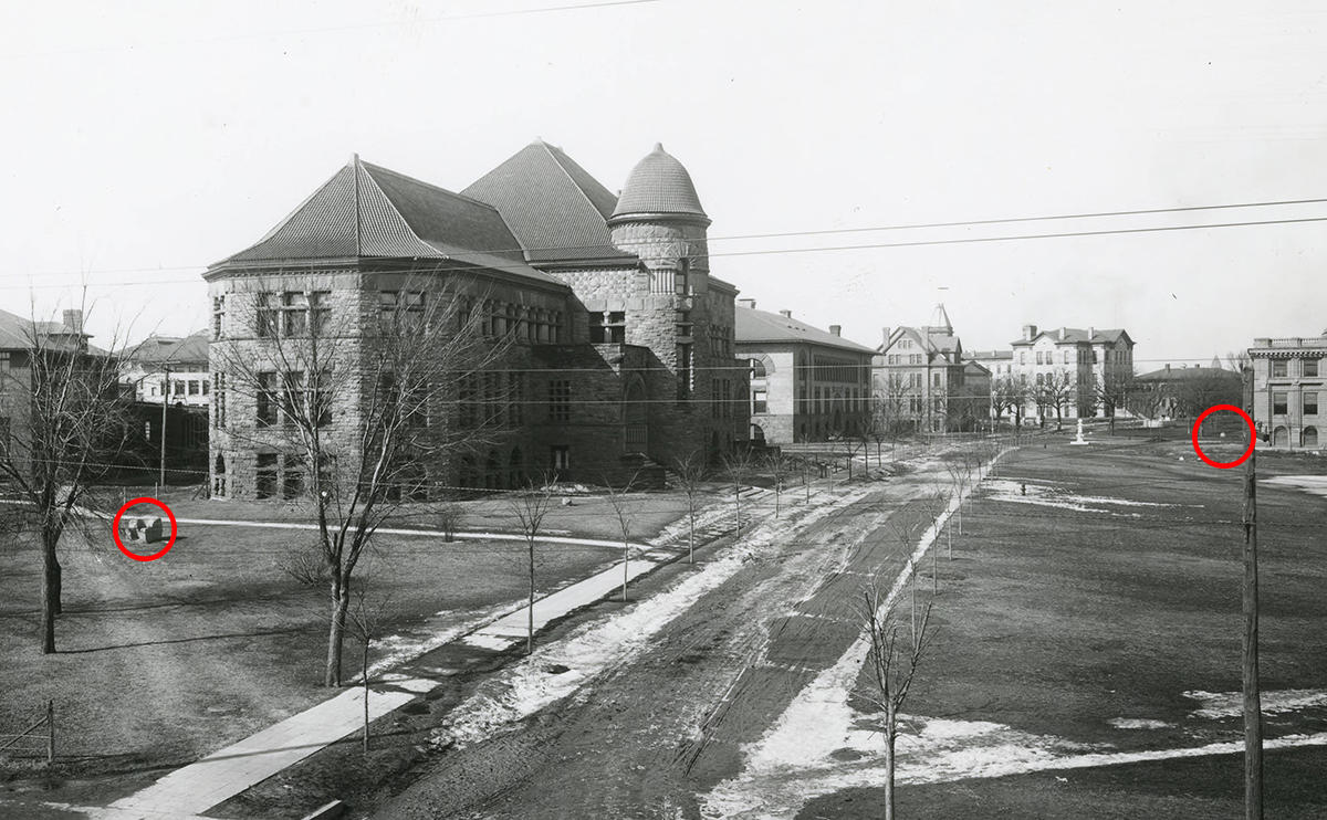 1903 view of University of Minnesota with 1878 Memorial Boulder in distance