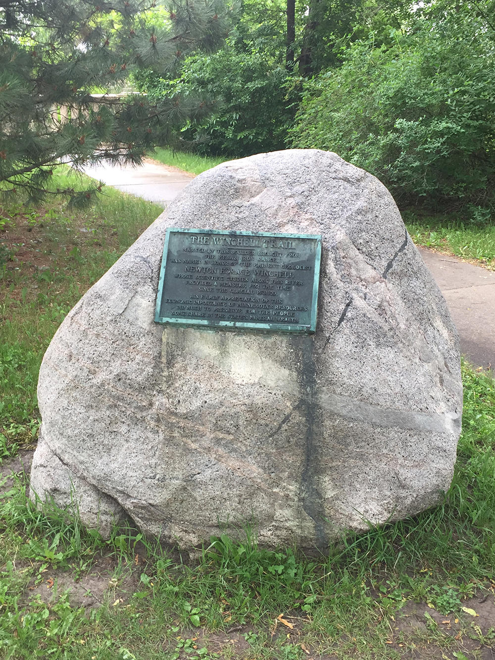 Image of the memorial boulder by the Franklin Avenue Bridge marking the Winchell Trail
